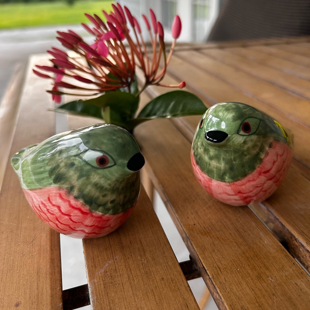 Set of 2 Ceramic Bird Figurines – Green & Pink Hand-Painted Decorative Accents